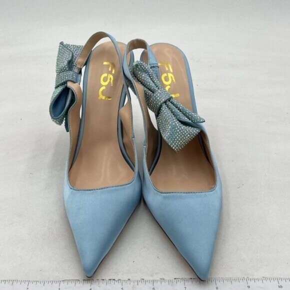 FSJ Skyblue Cute Pointed Toe High Heel Rhinestone Bowknot Slingback Pumps - Picture 3 of 9